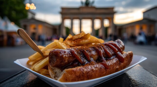 Currywurst with fries near Brandenburg Gate in Berlin