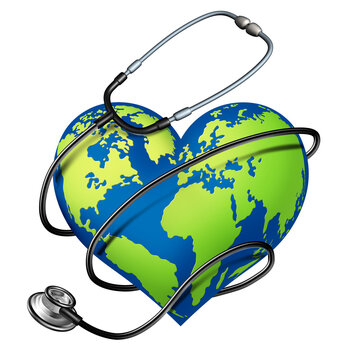 World Immunization week symbol or International Health care icom as the planet earth with a stethoscope representing global healthcare and public disease as a pandemic or epidemic control for the safe