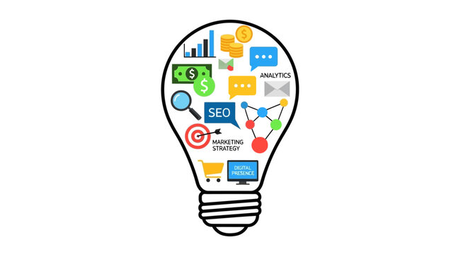 Digital Marketing Strategy Light Bulb Idea - SEO, Analytics, Finance, Growth