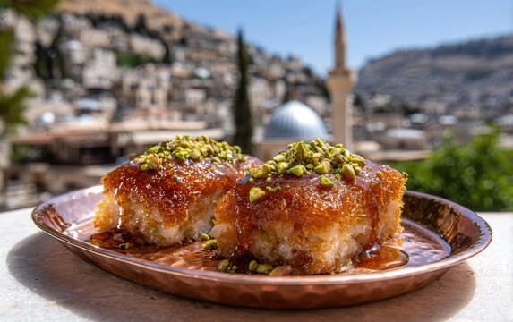 Nabulsi knafeh on a copper tray in a historic spot