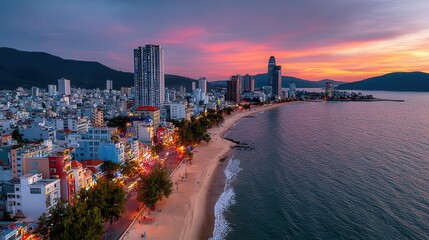Fototapeta premium Colorful coastal skyline view of Nha Trang Vietnam