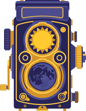 Retro twin-lens reflex camera with celestial elements, representing vintage photography and cosmic vision.