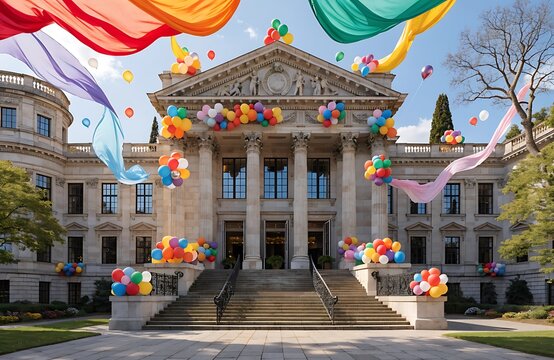 Government building, colorful balloons, festive decorations, public architecture