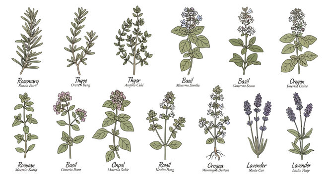 Herbal Garden Collection: Rosemary, Thyme, Oregano, Basil, Lavender - Botanical Illustration