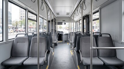 Fototapeta premium Wide view of an empty bus interior showing rows of gray fabric seats and yellow floor markings, public transport, urban commute, city life.
