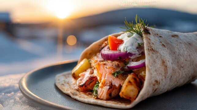 Surstr&ouml;mming wrap on flatbread by the frozen river
