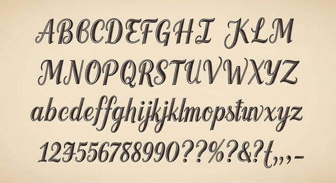 Elegant script font displays full alphabet, numbers, and symbols on aged paper