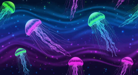 Vibrant jellyfish swimming in colorful ocean waves at night © Deshan