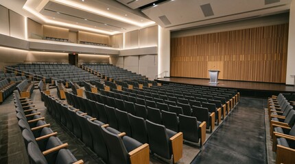 Naklejka premium Spacious modern lecture hall features rows of empty black seats facing a wooden stage and podium, higher education, conference room, corporate seminar.