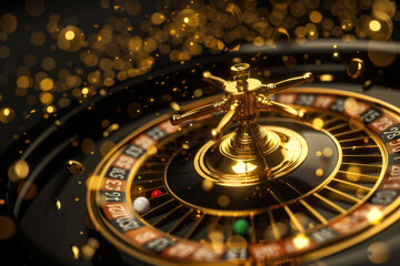 Naklejka premium Casino background with roulette, black and gold color.