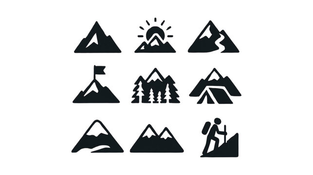 A versatile collection of black mountain and outdoor activity icons.