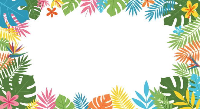 Tropical Leaves and Flowers Frame, Exotic Summer Border, Vibrant Colors