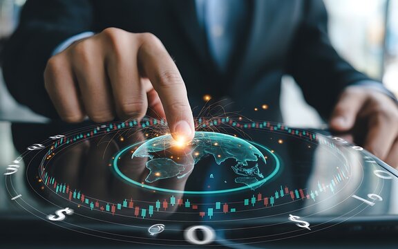 Close up of finger touching a digital globe on a futuristic touch screen with financial market data and international trade network connection for global business.