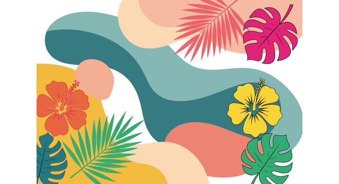 Vibrant Tropical Abstract Background with Hibiscus Flowers and Palm Leaves