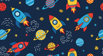 Colorful cartoon rockets and planets in space with stars and asteroids © Deshan