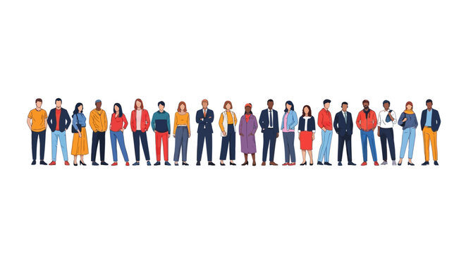 Diverse group of people standing in a line, illustration of multicultural crowd