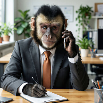 A black-crested capuchin monkey in a charcoal suit sits on a phone call taking notes with steady dark eyes, showing complete business focus in bright collaborative office light.