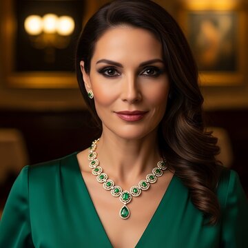 Elegant woman in green, adorned with sparkling emerald and diamond jewelry