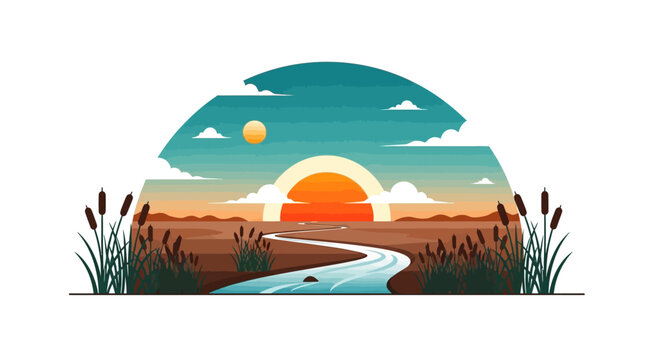Whimsical cartoon house at sunset with winding road and warm glow in serene landscape