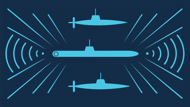 Of three submarines underwater, emitting sonar waves
