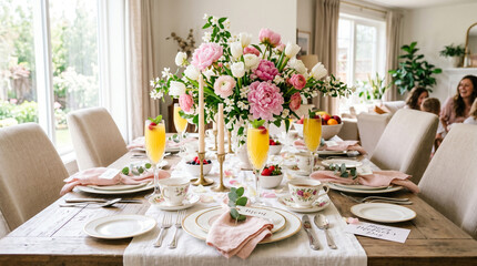 Fototapeta premium Elegant dining table set for a spring gathering with flowers and candles 