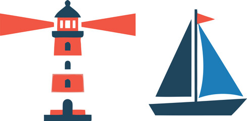 Fototapeta premium Flat vector icon set featuring a tall red lighthouse with a light beam and a blue sailing boat for nautical design
