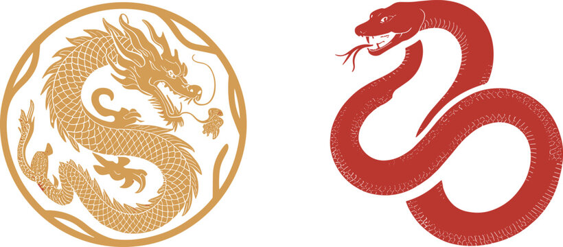 Chinese Dragon Emblem Set with Golden Circular Ornament and Red Snake Silhouette Traditional Asian Zodiac Symbol Vector Illustration Isolated on White Background