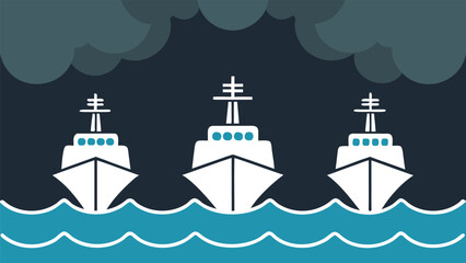 Three white warships on wavy blue water under dark cloudy sky © CDMIZAN