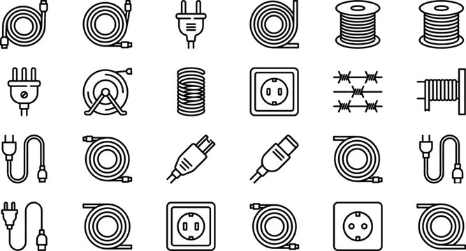 Comprehensive collection of electrical cable and wire line icons featuring power plugs, wall sockets, coiled cords, rolls of wire, and industrial connectors for hardware and electronics design.
