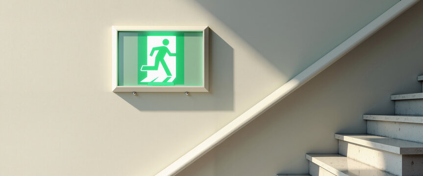 Emergency exit sign glowing green on wall by empty staircase  