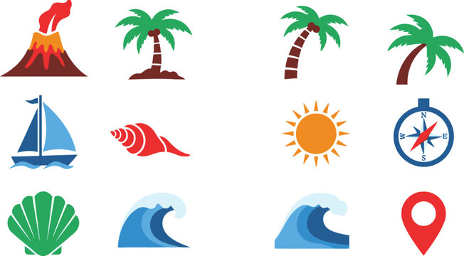Set of colorful summer vacation travel icons featuring palm trees sailboat volcano sun seashell ocean wave and map pin