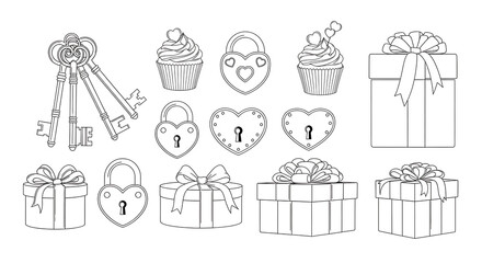 Fototapeta premium Valentine's Day icons, love symbols, gifts, and treats, heart shapes, romantic elements isolated PNG with Transparent Background