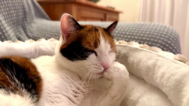 calico tortoiseshell female adult cat grooming and washing paws on sofa at home