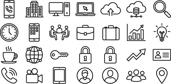 Professional business and technology line icons set featuring office management, corporate communication, digital hardware, and financial growth symbols for modern web design and infographic presentat