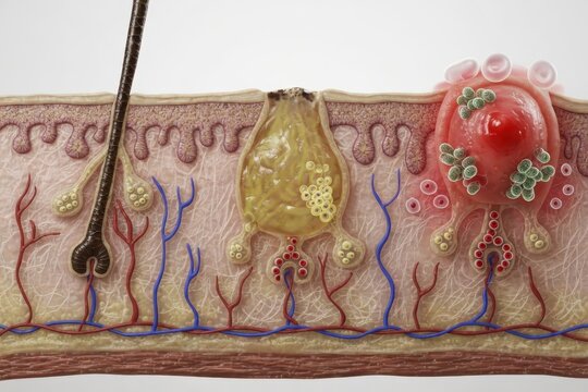 Cross-section of human skin showing acne formation: open and closed comedones, enlarged sebaceous gland, hair follicle, blood vessels, and large inflamed nodule with pus. Generative AI illustration