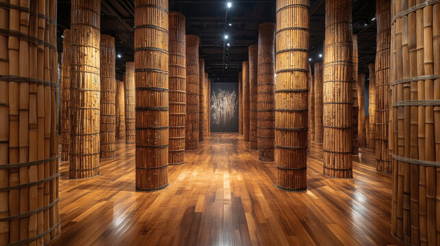 An immersive art installation featuring tall cylindrical bamboo structures arranged in a symmetrical gallery space with polished wooden floors and focused overhead lighting creating dramatic shadows