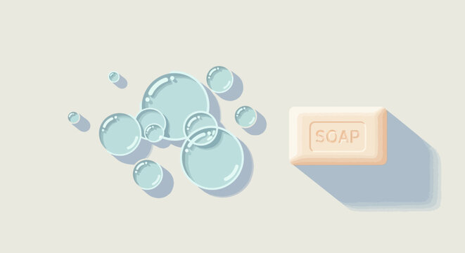 A bar of soap next to a cluster of soap bubbles on a light gray background, illustration