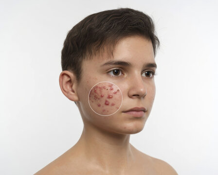 Teenage boy with visible acne on his face, thoughtful expression, soft natural lighting, realistic skin texture, emotional portrait of adolescence. Generative AI illustration