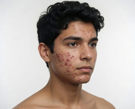Teenage boy with visible acne on his face, thoughtful expression, soft natural lighting, realistic skin texture, emotional portrait of adolescence. Generative AI illustration