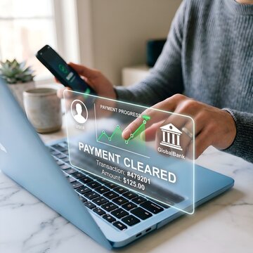 hand holding smartphone with payment cleared notification on laptop screen for online banking success