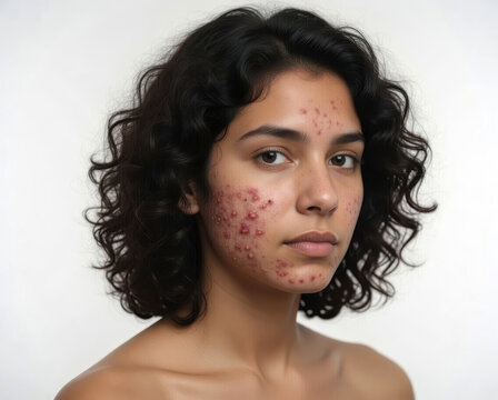 Close-up portrait of a thoughtful teenage girl with visible acne vulgaris on her face, papules and pustules, realistic skin texture. Generative AI illustration.