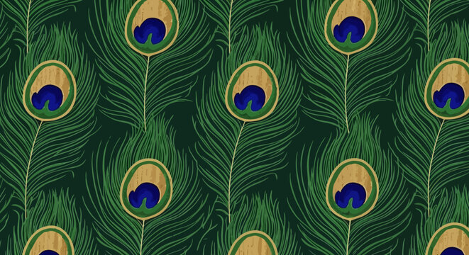 Vibrant peacock feather pattern with green blue and gold colors