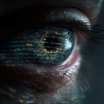 Intimate Reflection: Human Eye in Curved Monitor with Code in Moody Dark Setting