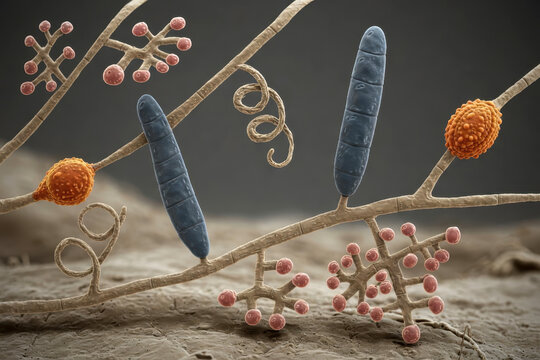 Trichophyton mentagrophytes, a dermatophyte fungus. Shows septate hyphae, microconidia, macroconidia, spiral hyphae and arthrospores. Generative AI illustration