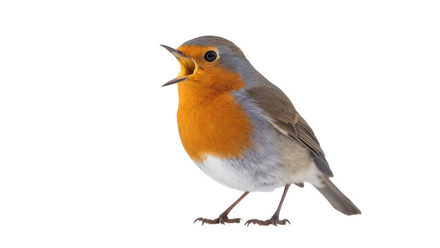 Singing European Robin with Orange Breast and Gray Wings