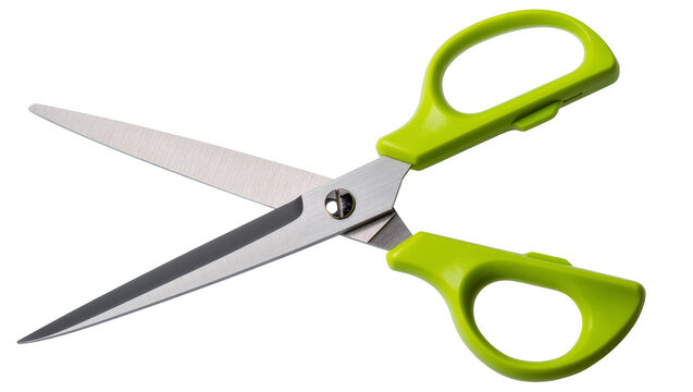 Green handled metal scissors with silver blades in open position