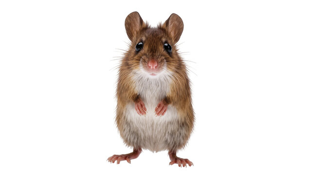 Brown furry mouse with pink nose and dark eyes facing forward