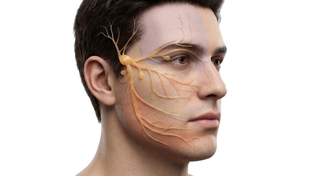 Cutaneous innervation of the trigeminal nerve (CN V). Sensory branches on the face: ophthalmic (V1), maxillary (V2) and mandibular (V3) divisions with their dermatomes. Generative AI illustration