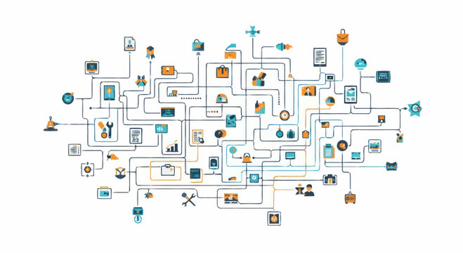 Abstract network of interconnected digital icons and symbols.