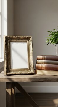Empty ornate gold frame sits on a wooden table beside stacked books and a plant